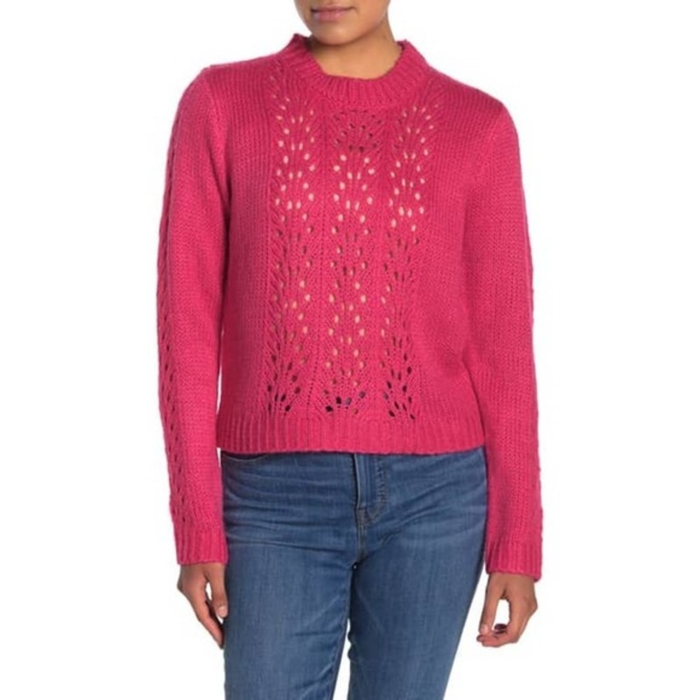 Woven Heart Open Stitch Pullover Sweater Hot Pink